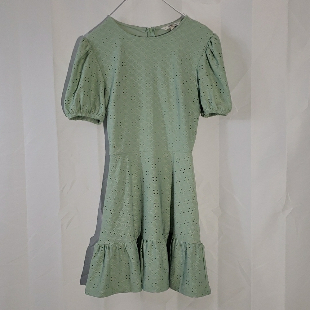 Y2K Speechless Sage Green Eyelet Dress drop waist ruffle hem. 1/4 balloon sleeve